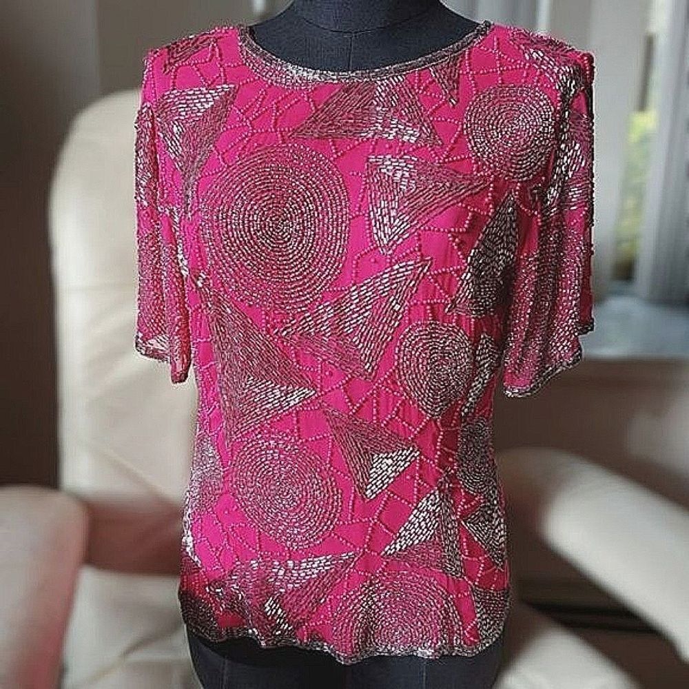 Vtg fuschia beaded silk half sleeve boat neck V back blouse